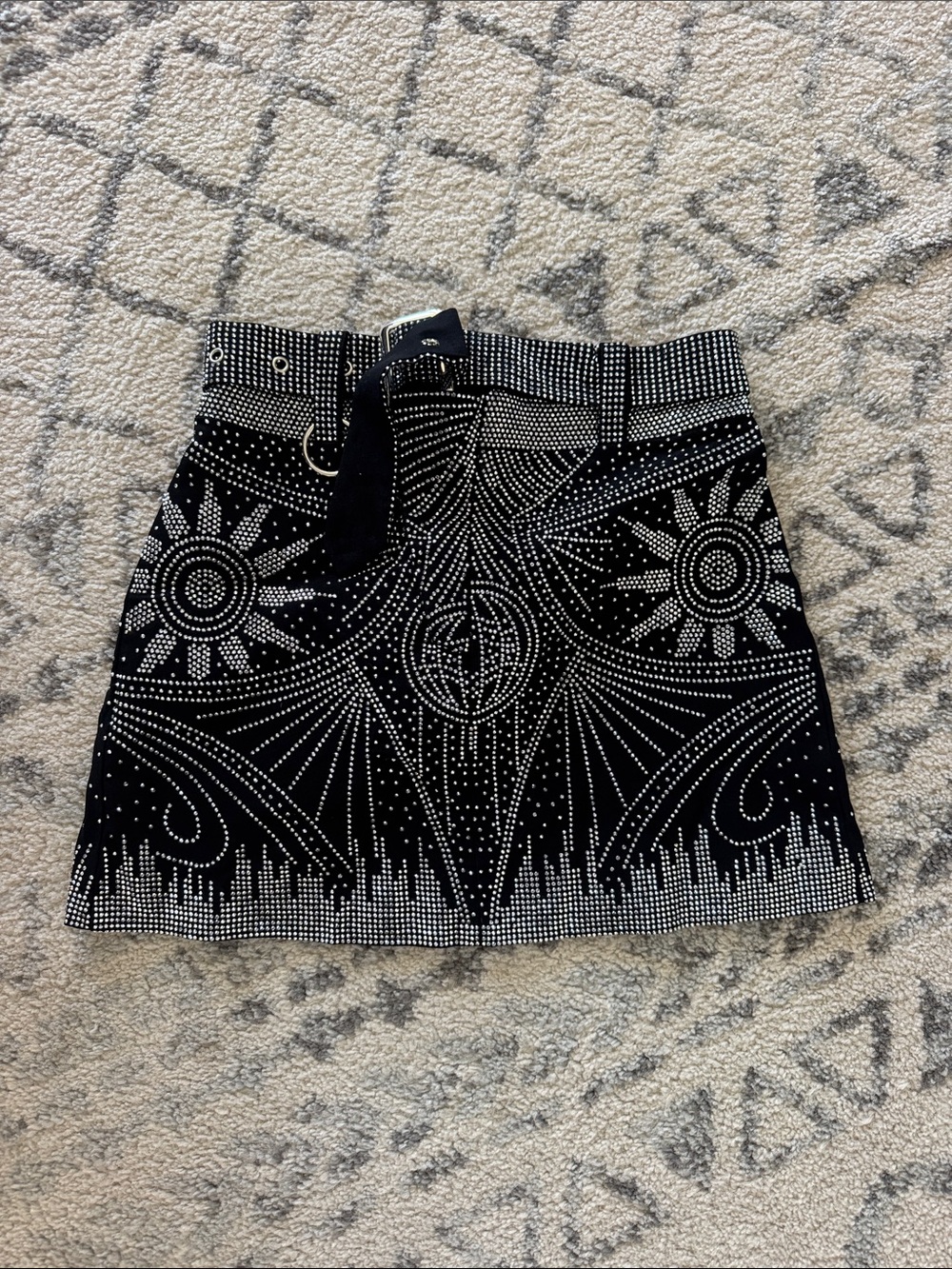 Black Embellished Mini Skirt with Geometric Crystal Motif
